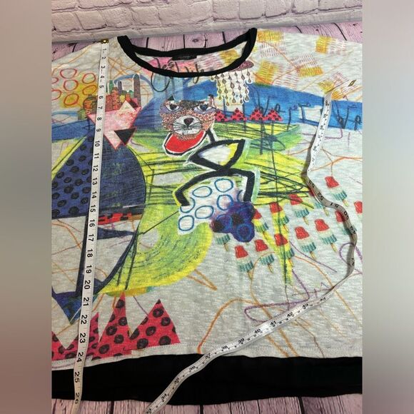 Inoah Lightweight 3/4 Sleeve Knit Scoop Burnout Neck Art to Wear Print Top M - Picture 7 of 12